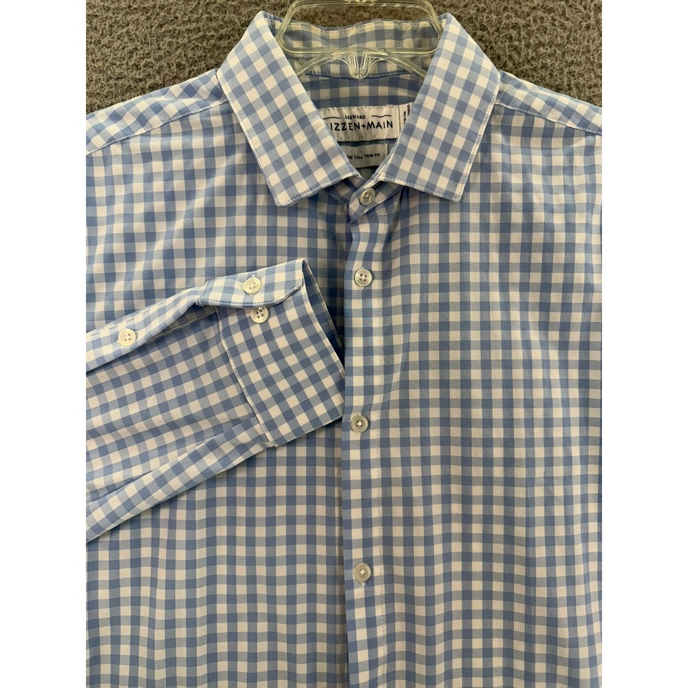 Mizzen + Main Leeward Dress Shirt Mens XL Tall Trim Fit Gingham Blue Performance